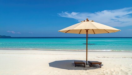 Fototapeta premium Pristine beach, turquoise water, beige umbrella