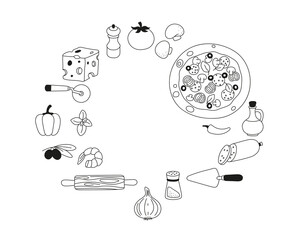 Pizza set. Frame. Black and white image.