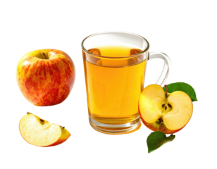 Fresh apple cider in a glass mug, next to whole and sliced apples