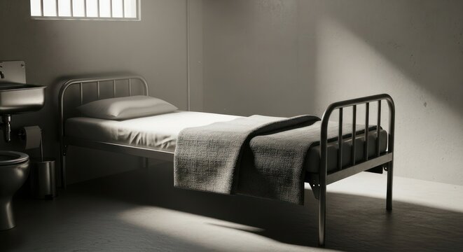 Gloomy monochrome prison cell featuring bed and bathroom evoking isolation and confinement