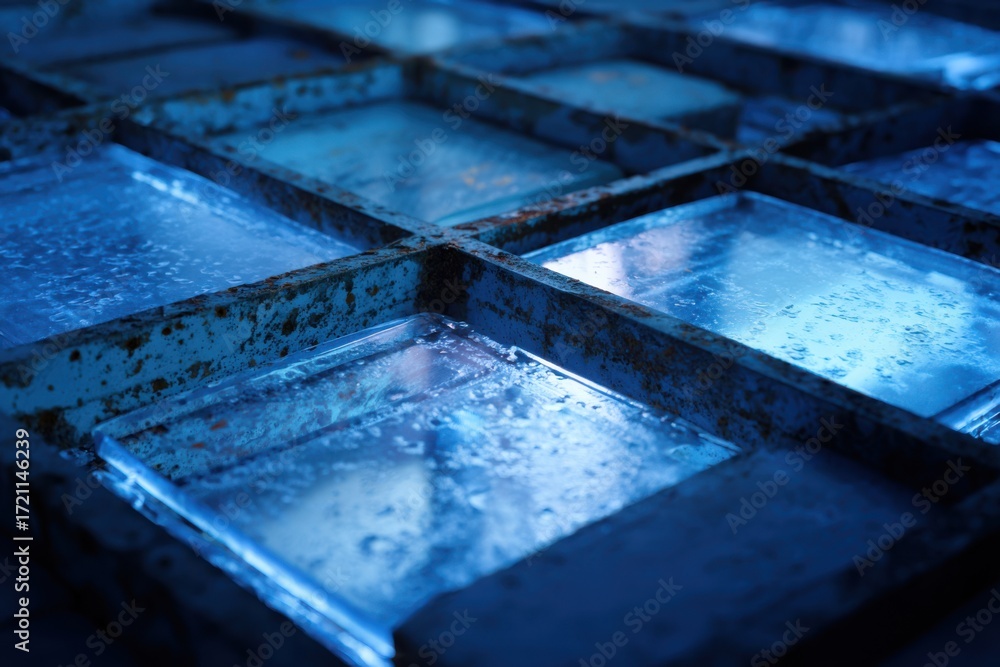 Aufkleber Blue Light Reflection on Wet Transparent Squares in Industrial Setting with Rusty Edges and Water Droplets on Surface