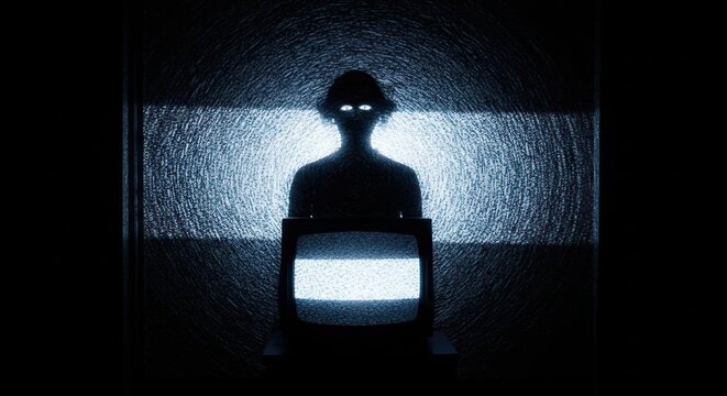 Eerie silhouette figure with glowing eyes standing behind an old television static screen