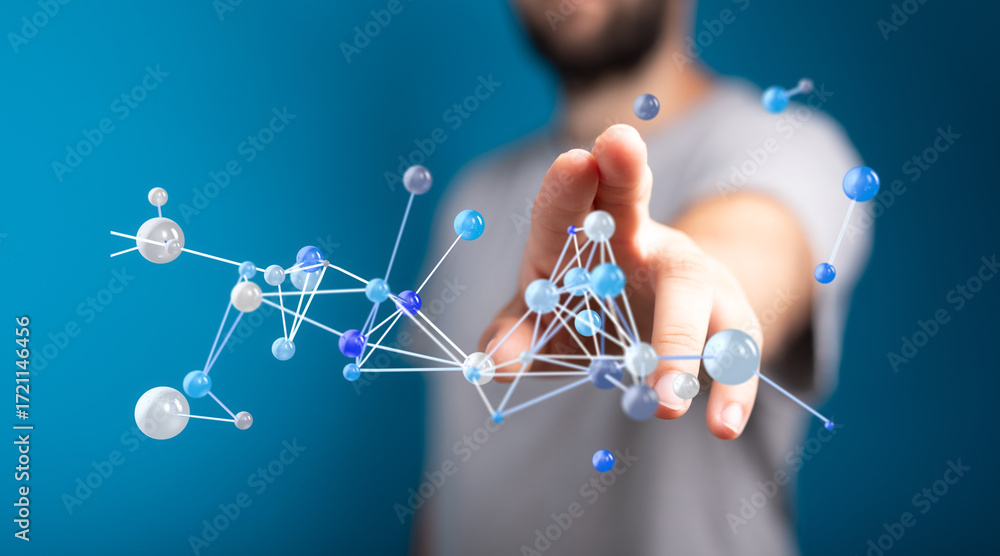 Poster abstract image of a man's hand interacting with a digital network. perfect for technology, connectio