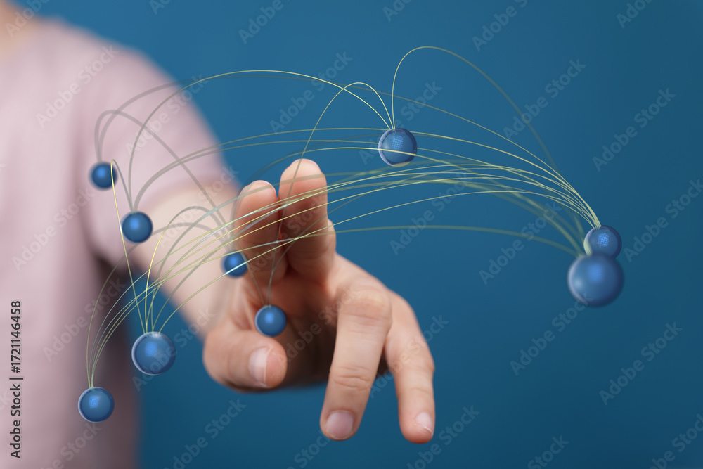 Poster abstract image of hand interacting with a digital network. ideal for technology, connection, and glo
