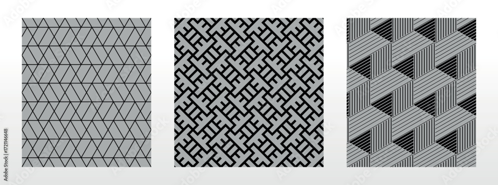 Poster geometric set of seamless black and gray patterns. simple vector graphics