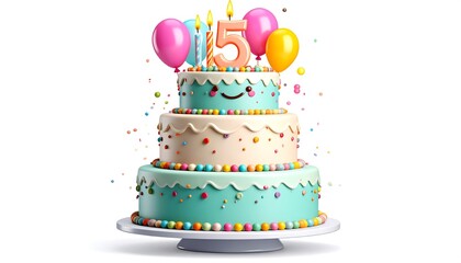 Colorful birthday cake with candles and balloons