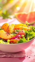 Fresh fruit salad in a bowl, vibrant colors, sunlight