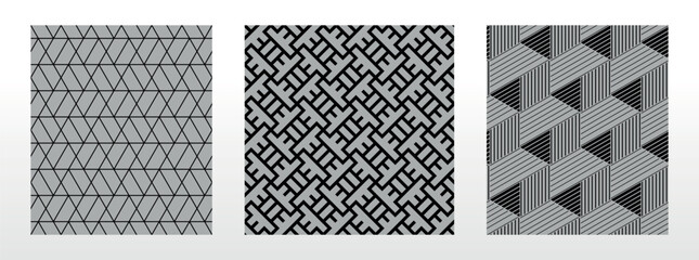 Geometric set of seamless black and gray patterns. Simple vector graphics