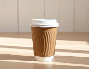 Brown disposable coffee cup with white lid