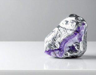 A metallic-silver, rough-edged stone, with a vibrant purple interior