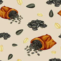 Seamless watercolor pattern with sunflower seeds and grains. Ideal for packaging, textiles, wrapping paper and healthy food design.