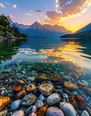 Serene mountain lake at sunrise. Crystal-clear water reflects a vibrant sky over majestic peaks