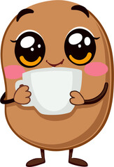 Charming Cartoon Coffee Bean Mascot Holding Big White Cup – Kawaii Character Illustration for Cafe, Branding, and Packaging Design