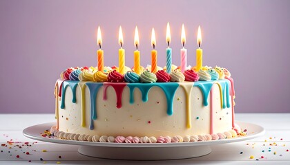 Colorful birthday cake with lit candles
