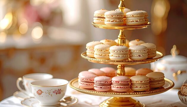 Pastel Macarons on Gold Stand Tea Party Setting