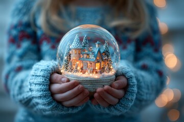 A person holds a snow globe with a house inside.