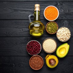 Assorted healthy foods on dark wood