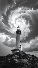Lighthouse piercing a turbulent sky