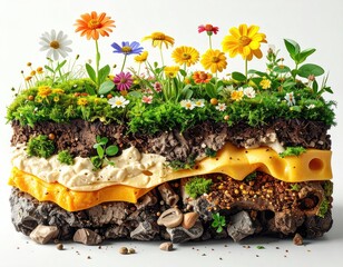 Layers of soil and cheese with flowers