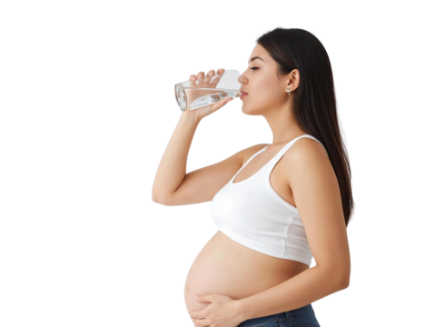 Pregnant woman drinking water from a glass isolated on transparent or white background, png
