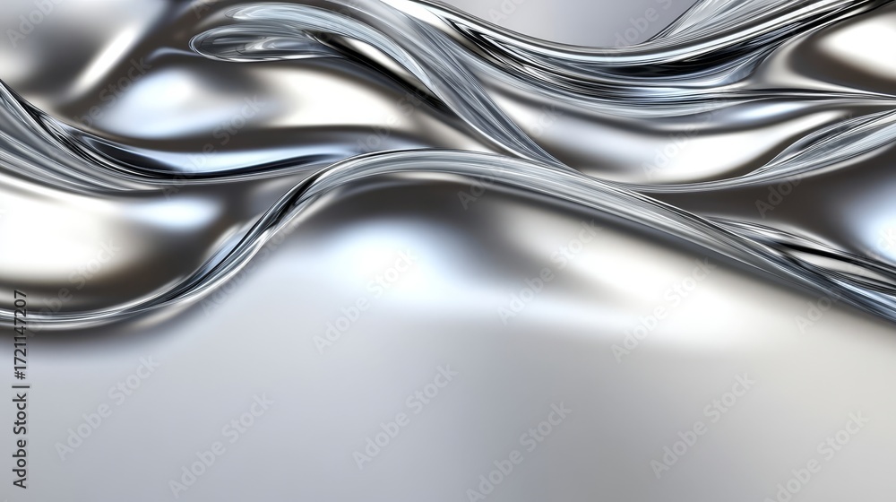 Poster dynamic fluid waves in voluminous silver metallic background with elegant curves and reflections