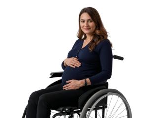 Pregnant woman in wheelchair holding her stomach isolated on transparent or white background, png