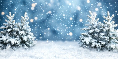 Enchanting Winter Wonderland Scene with Soft Focus on Snow-Covered Fir Trees and Overcast Bokeh