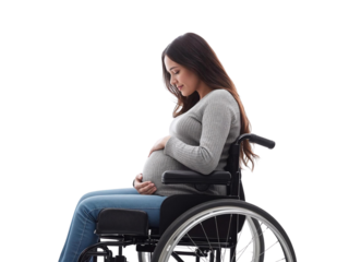 Pregnant woman in a wheelchair isolated on transparent or white background, png