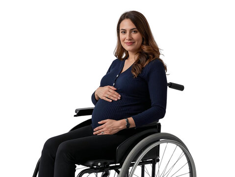 Pregnant woman in wheelchair holding her stomach isolated on transparent or white background, png