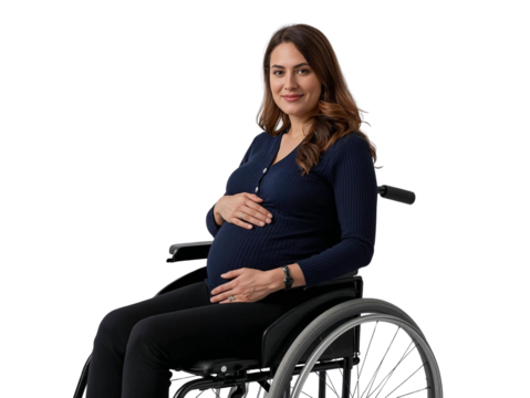 Pregnant woman in wheelchair holding her stomach isolated on transparent or white background, png