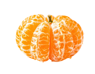 Peeled mandarin orange, segments fanned,  central stem