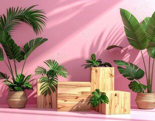 Obraz premium Pink backdrop with wooden podiums and tropical plants