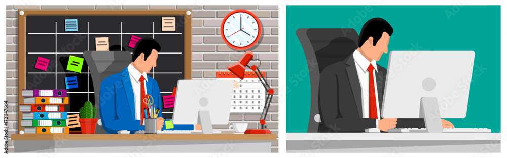 Poster man working at office desk with computer. business worker in flat style. corporate workplace and tim