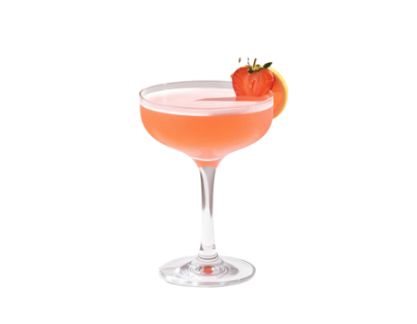Pink cocktail in a coupe glass, garnished with strawberry slice