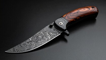 Damascus steel knife with wavy patterned blade and polished wooden handle on dark matte surface. © bento