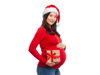 Pregnant Asian woman in Santa hat with gift isolated on transparent or white background, png