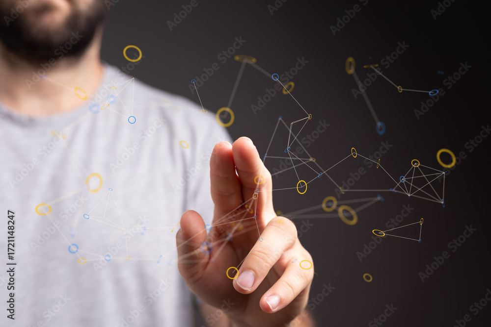 Poster abstract image of a hand interacting with a digital network. perfect for tech, connection, and innov