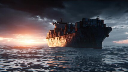 Container Ship Sailing at Sunset With Dramatic Clouds Over the Ocean