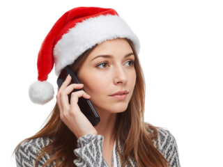 Woman in Santa hat making a phone call isolated on transparent or white background, png