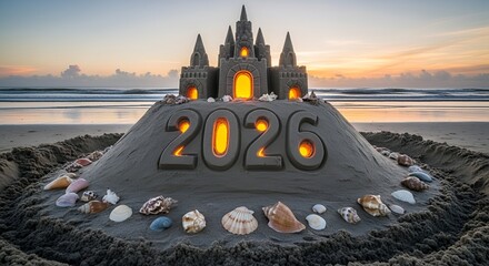“Beach Sunrise 2026 Sandcastle – Happy New Year”