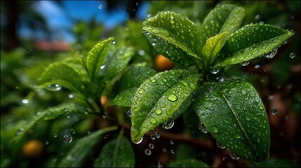 Dewy green leaves with clear sky in background
