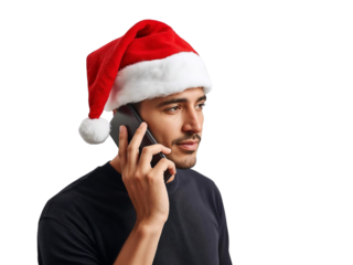 Man in Santa hat making a phone call isolated on transparent or white background, png