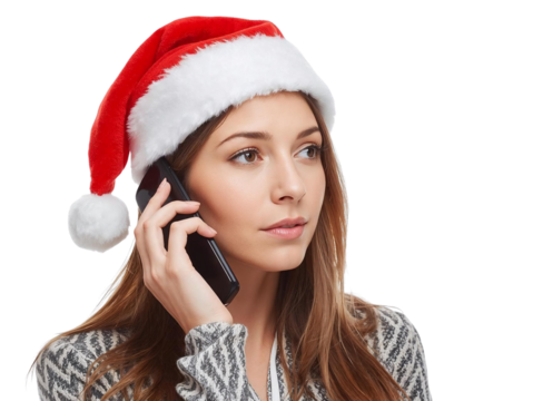 Woman in Santa hat making a phone call isolated on transparent or white background, png - Powered by Adobe