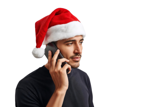 Man in Santa hat making a phone call isolated on transparent or white background, png - Powered by Adobe