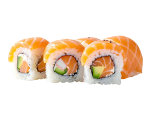 Four salmon sushi rolls, sliced, showcasing orange-colored fish, white rice, and fillings