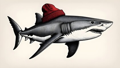 Fototapeta premium Playful shark wearing a beanie ocean digital art underwater side view whimsical concept for seo impact