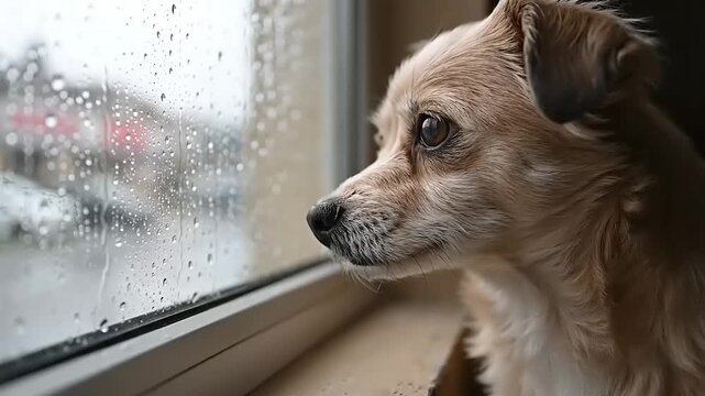 Portrait of a sad crying dog with a lonely expression looking out a rain-streaked window, waiting for its owner to come home - Powered by Adobe