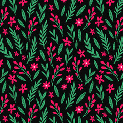 Doodled botany plants seamless repeat pattern. Random placed, various vector flowers, leaves, herbs, berries and branches illustration all over surface print on white background.
