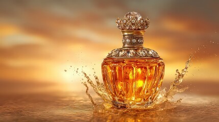 Ornate Amber Perfume Bottle Splashing Sunset Background