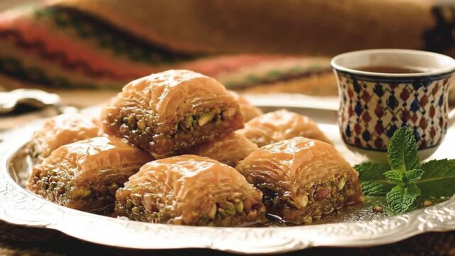 flaky Maghrebi baklava filled with crushed pistachios and almonds